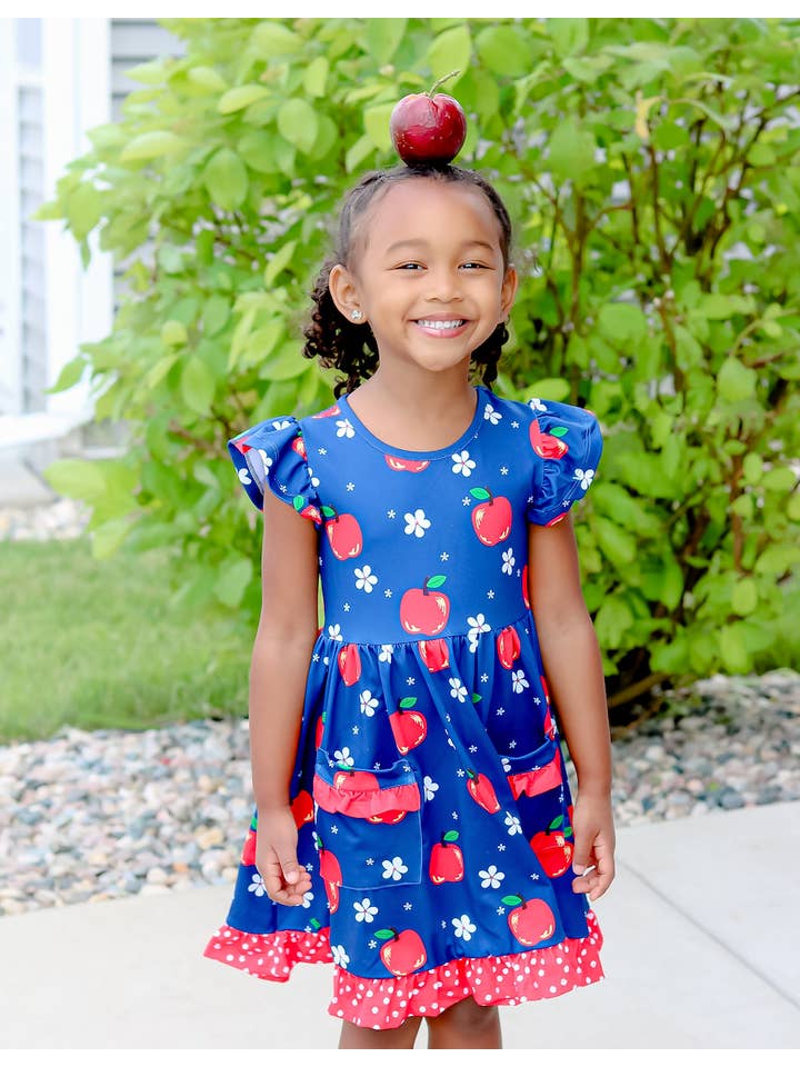 Girls Navy Vintage Apple Patch-Pocket Angel-Sleeve Dress for wholesale on Faire
