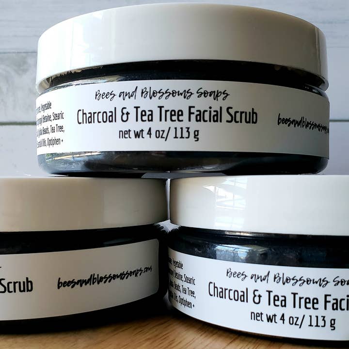 Charcoal & Tea Tree Facial Scrub for wholesale by Bees and Blossoms Soaps LLC