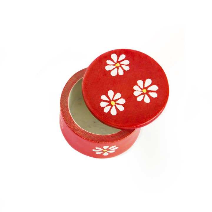 Swahili | AFRICAN MODERN - Wholesale Jewelry Box/Organizer - Red Daisy Print Soapstone Ring Box