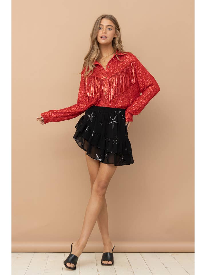 RØD 32425S - Chiffon Stjerne Paillet Print Asymmetrisk Nederdel for engroshandel på Faire14