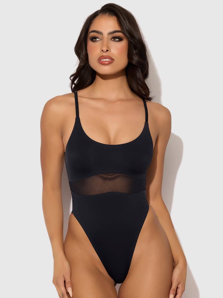Black KATRINA MICRO & MESH HIGH HIP SHAPING BODYSUIT for wholesale on Faire