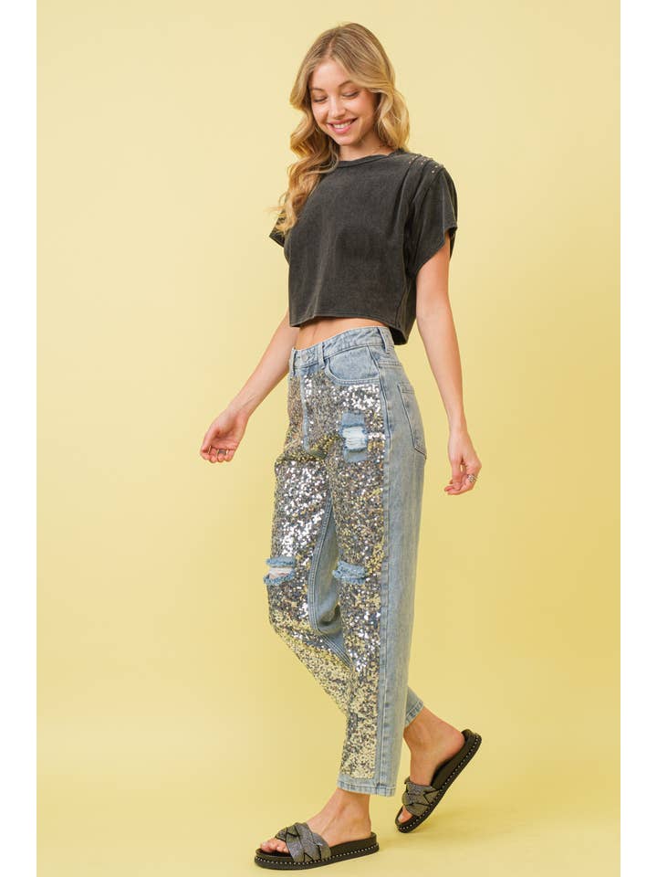 SILVER LIGHT WASH 34546P - Sequin Sprinkled Denim Jeans for wholesale on Faire