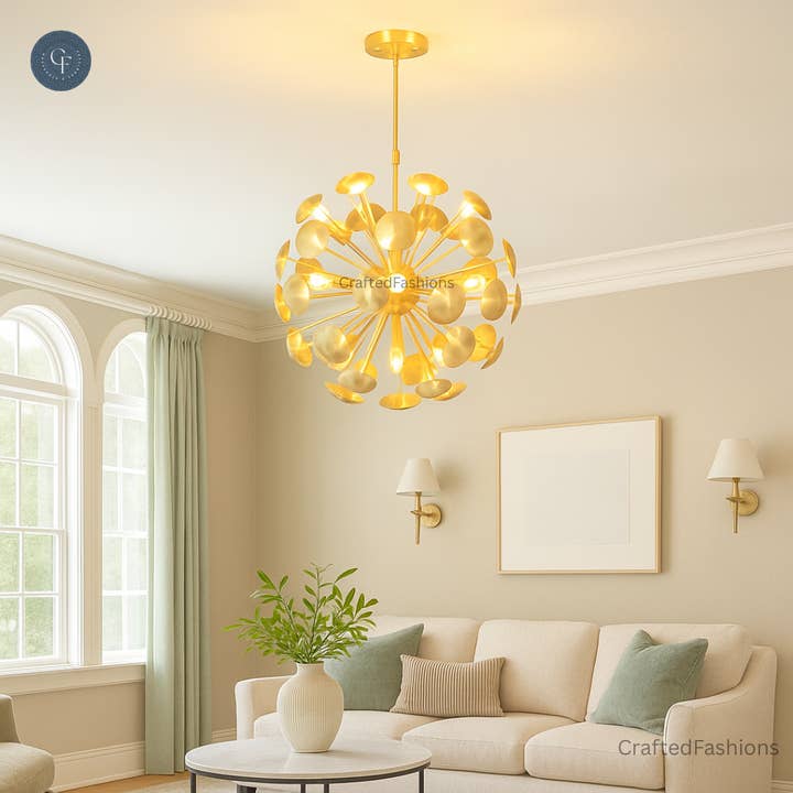 Mid-century 9-light brass sputnik chandelier, unique ceiling piece for wholesale by Crafted Fashions