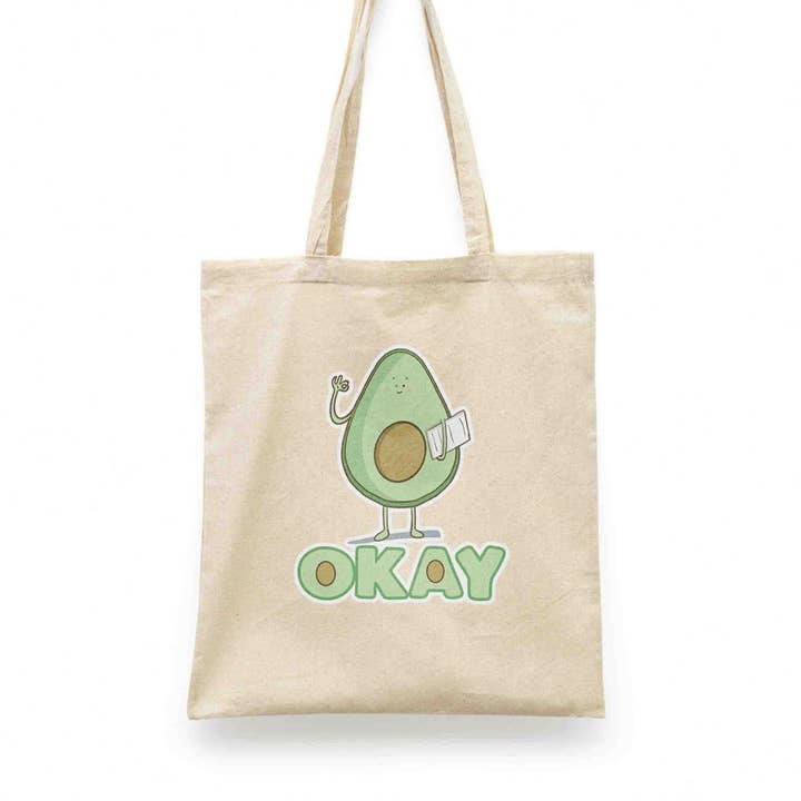 Avocado 'Okay' Reusable Shopping Tote Bag for wholesale by Richard Darani