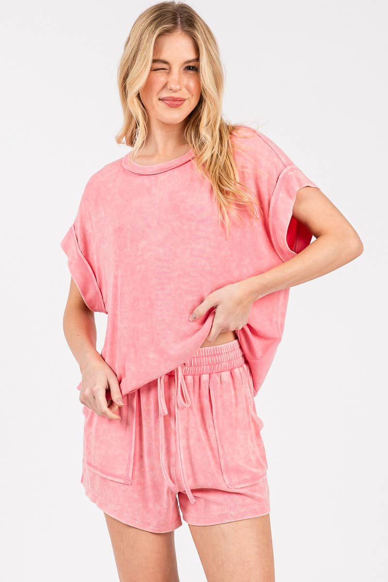 Sewn and Seen - Wholesale Lounge Set - Women's - MINERAL WASHED TOP AND SHORTS RIB SET 15