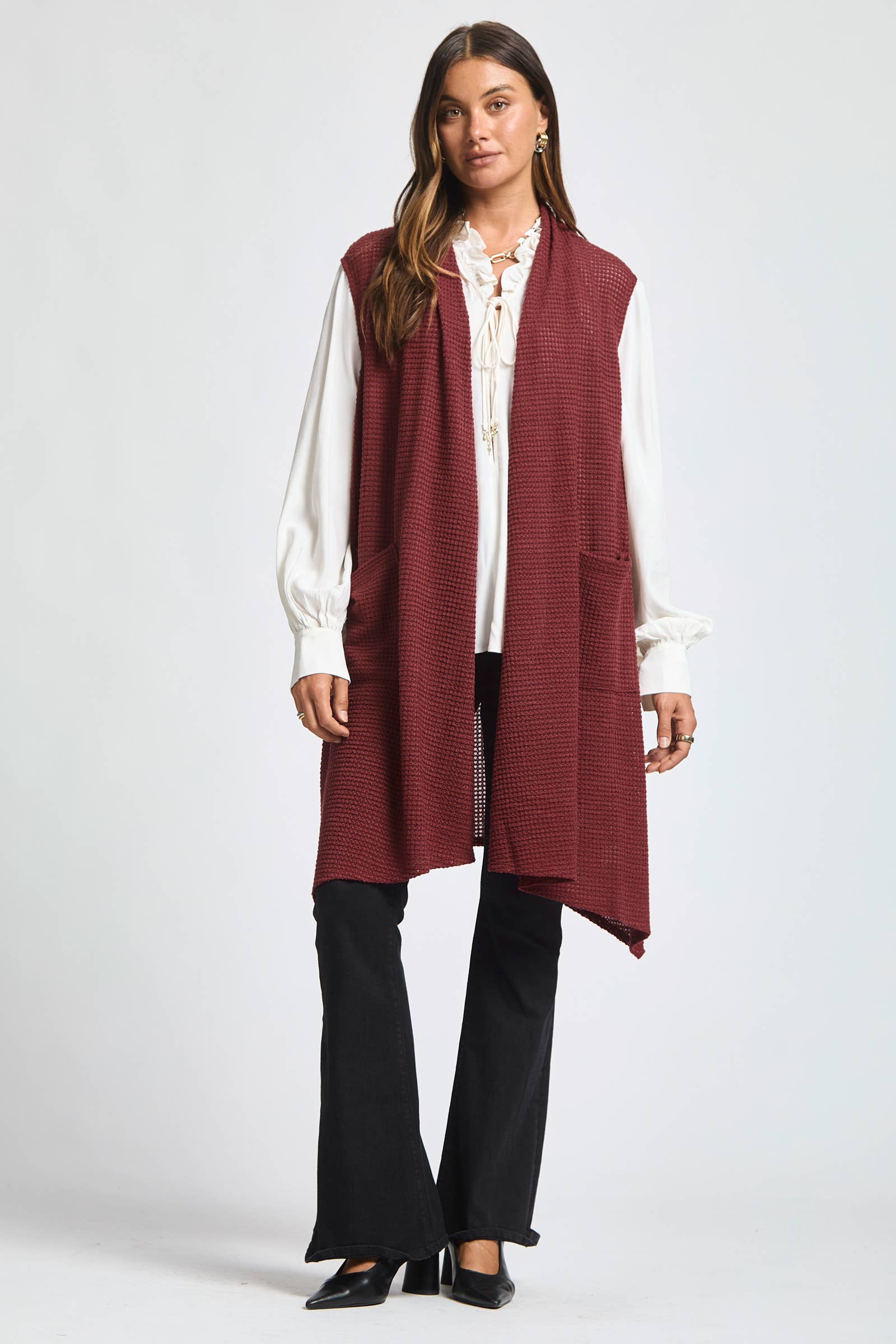 Dear Scarlett - Wholesale Outerwear Vest - Women's - Sleeveless Crochet Midi Vest Cardigan2