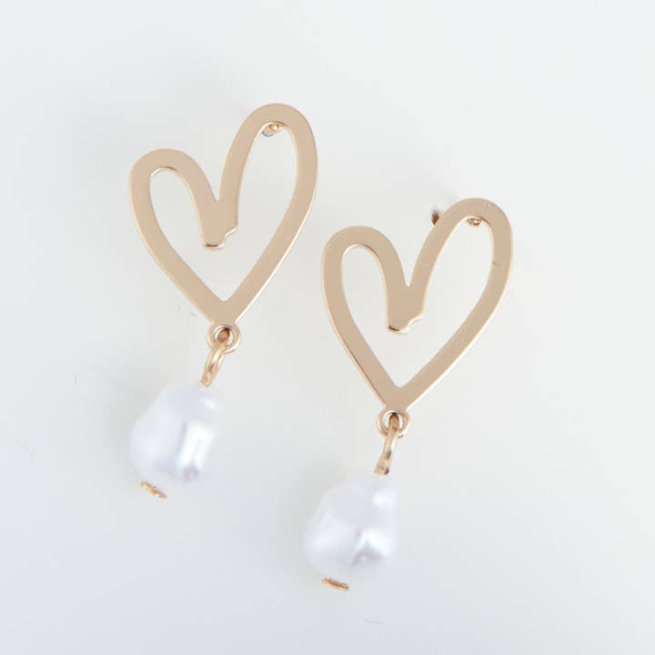 Ear Sense Gold Heart and Pearl Drop Earrings for wholesale by Elsie & Zoey