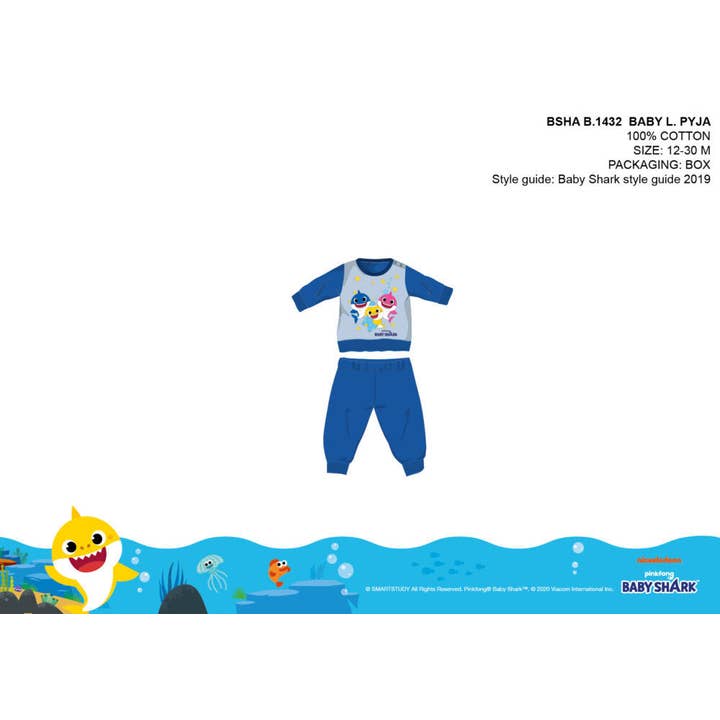 Pijama de algodão estilo Jersey Baby Shark azul médio por atacado de Evidence