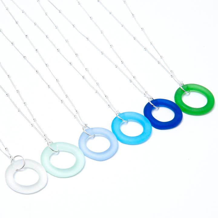 Smart Glass Recycled Jewelry - Wholesale Jewelry Set - SET OF 6 Recycled Bottle Seaglass Style Necklace on Sterling