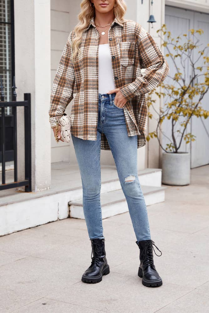 UNISHE - Wholesale Overhemd met knopen - Dames - Fall Flanellen geruit overhemd met knoopsluiting en zak MD13614