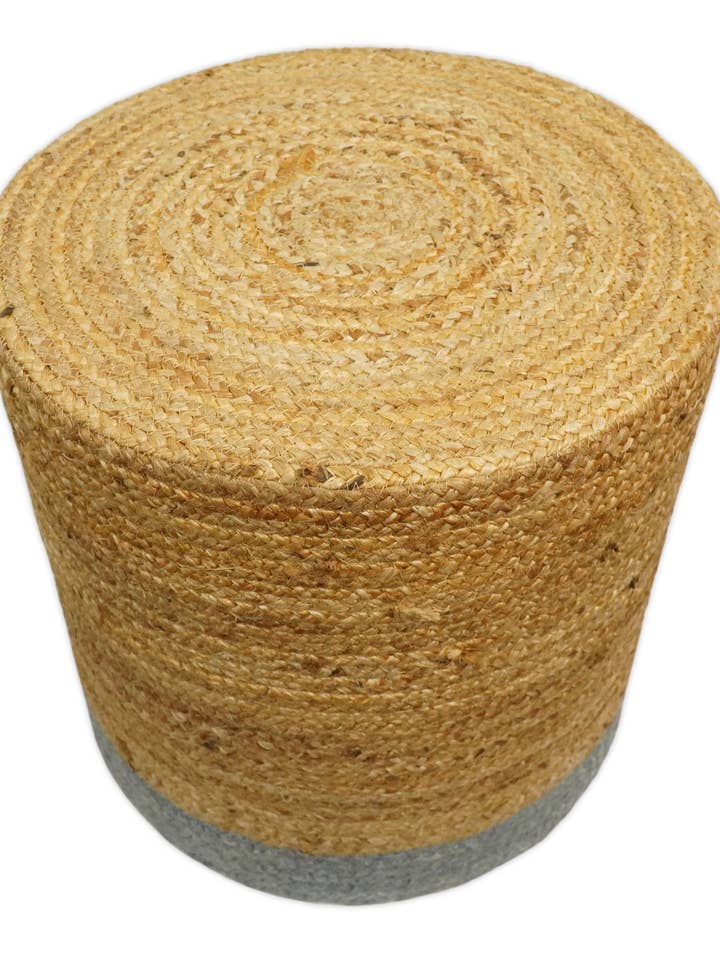 Natural Brown and Blue Jute Round Pouf, Hand Braided boho Pouf Ottoman Footstool, Side table, Seat , Foot Rest, Living Room, Bedroom | JP9 for wholesale by The Rug Decor, Inc.