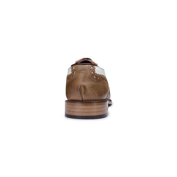 Tan Mens Classic Oxford Tan/White Leather Gatsby Brogue Shoes for wholesale on Faire