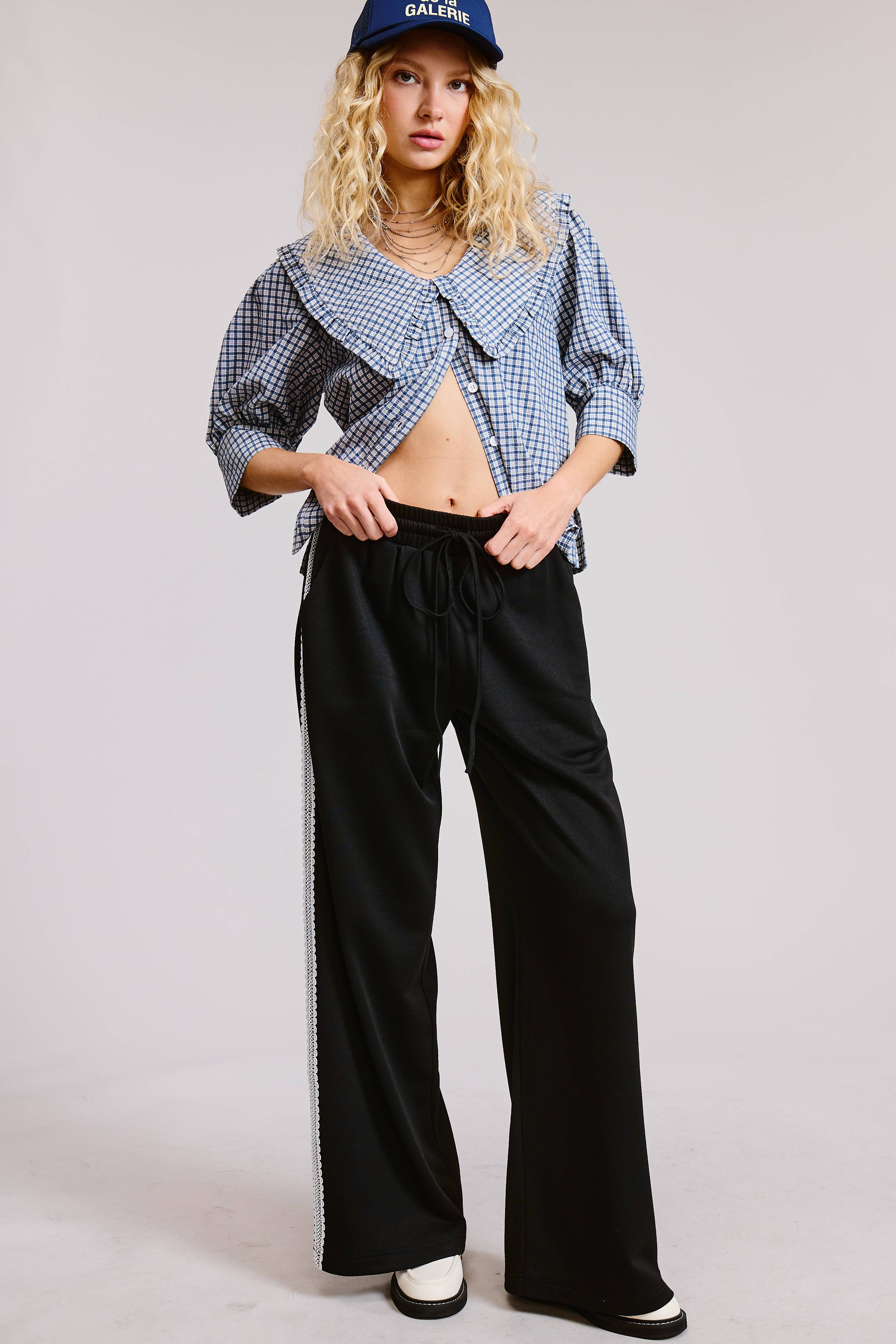 Black Lace Trim Wide Leg Track Pants with Drawstring Waist for wholesale on Faire11