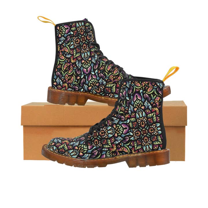 Kaleidoscopic Soles: Women's Colorful Mandala Canvas Boots for wholesale by Owlybear Art