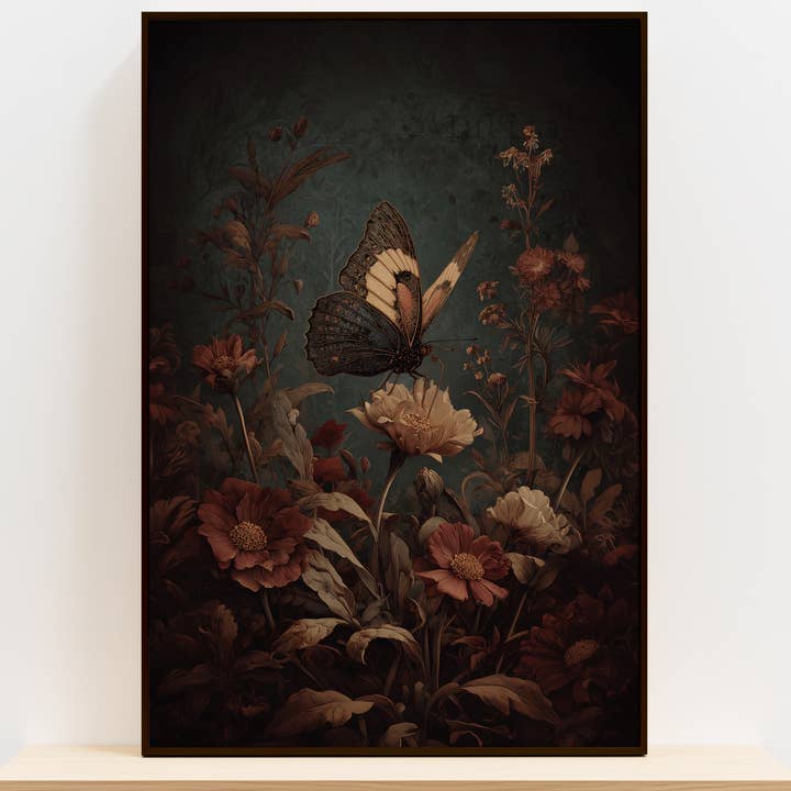 Art mural nature gothique – Papillon vintage sur fleurs d'automne pour la vente par IuliiaArtPrints