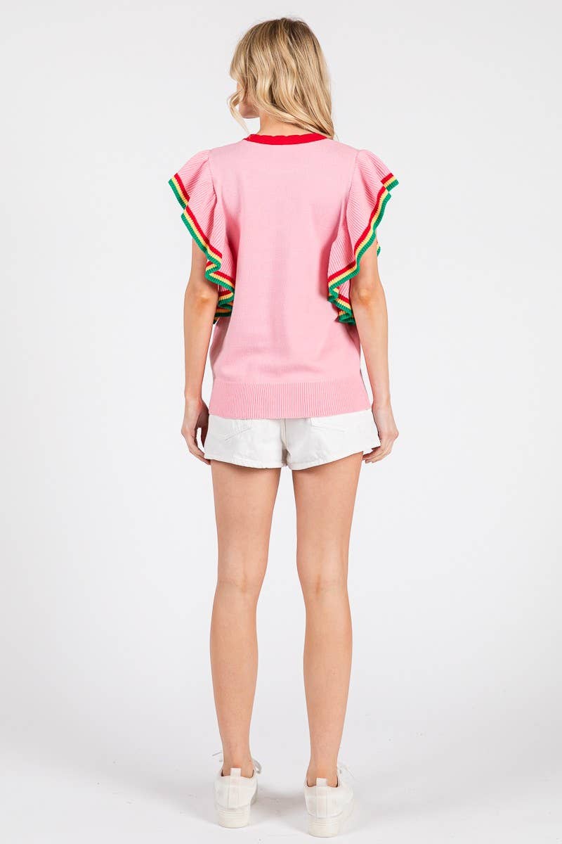 PINK FLORAL RUFFLE KNIT SWEATER TOP  for wholesale on Faire13