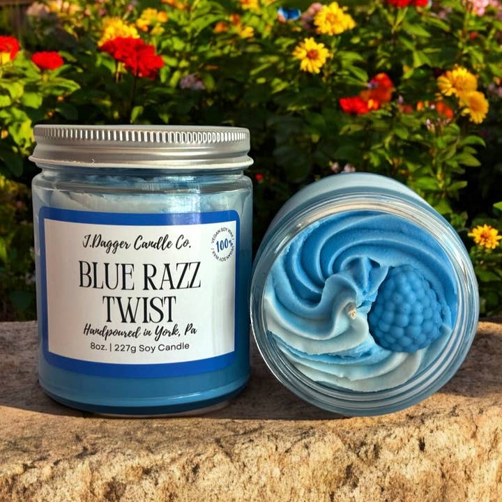 8oz. Blue Raspberry Soy Dessert Candle for wholesale by J Dagger Candle Co.