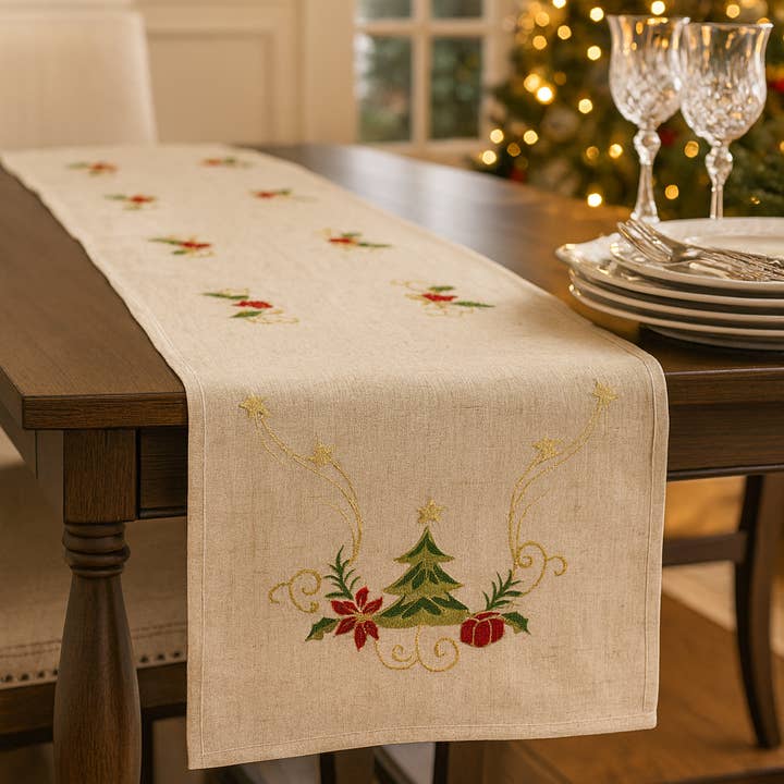 Fennco Styles - Vendita all'ingrosso Runner - Caminetto Natalizio in Misto Lino Ricamato Naturale0