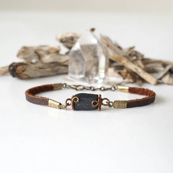 Raw Black Tourmaline Leather Bracelet, October Birthstone for wholesale by Raw Stone Elegance