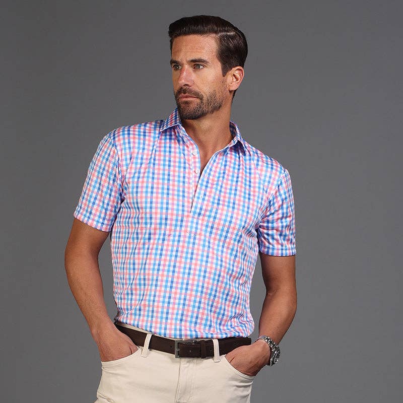 Collars & Co. - Wholesale Polo - Men's - Semi-Spread Collar Polo Nantucket Blue and Pink Gingham1
