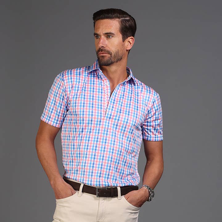 Collars & Co. - Wholesale Polo - Men's - Semi-Spread Collar Polo Nantucket Blue and Pink Gingham1