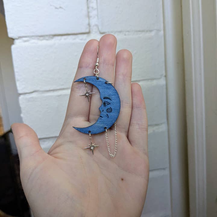 Stag and Branch - Wholesale Dangle Earrings - Blue Celestial Cresent Moon With Stars Large Statment Dangle7