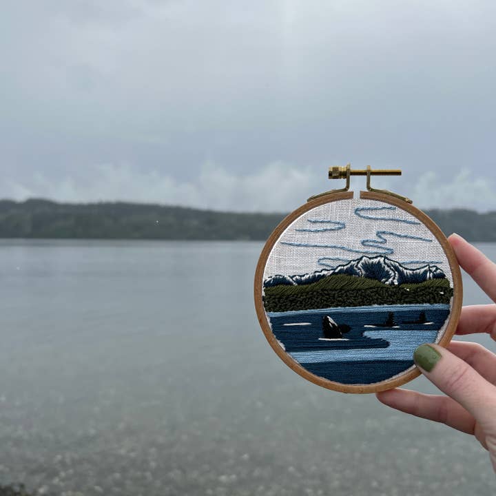 Rosanna Diggs Embroidery - Wholesale Embroidery/Cross Stitch Supplies - Orcas in the Sound Landscape Embroidery Kit for Beginners7