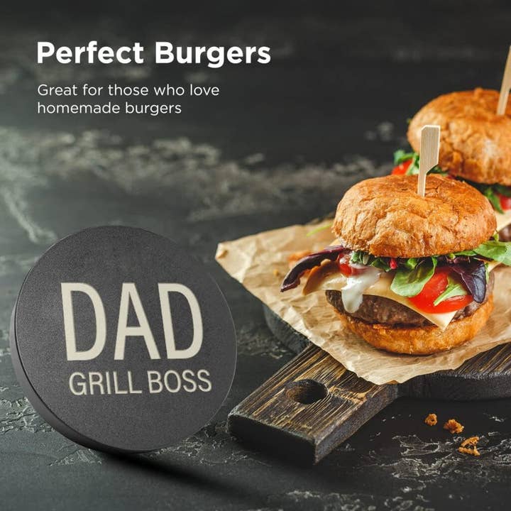 Infinite Basics - Wholesale Outdoor Grill Tools - Grilling Gift for Dad, Non-Stick Hamburger Press Patty Maker, Aluminum BBQ Burger Mold “Dad Grill Boss” for Fathers Day/Birthday Boxed2