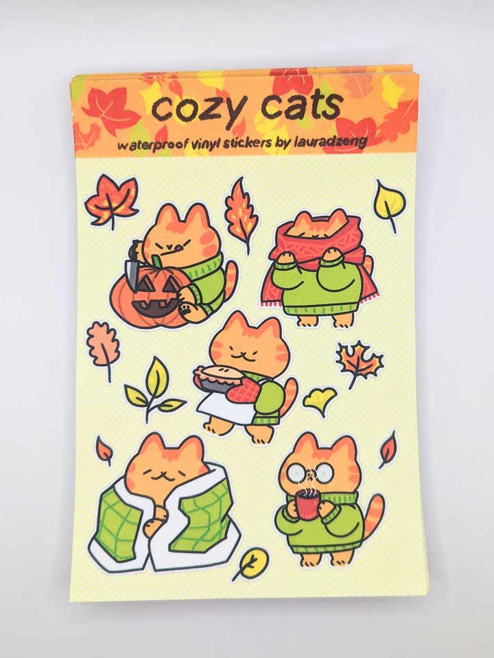 Cozy Cats Fall Vibes Autumn Vinyl Sticker Sheet for wholesale by lauradzeng
