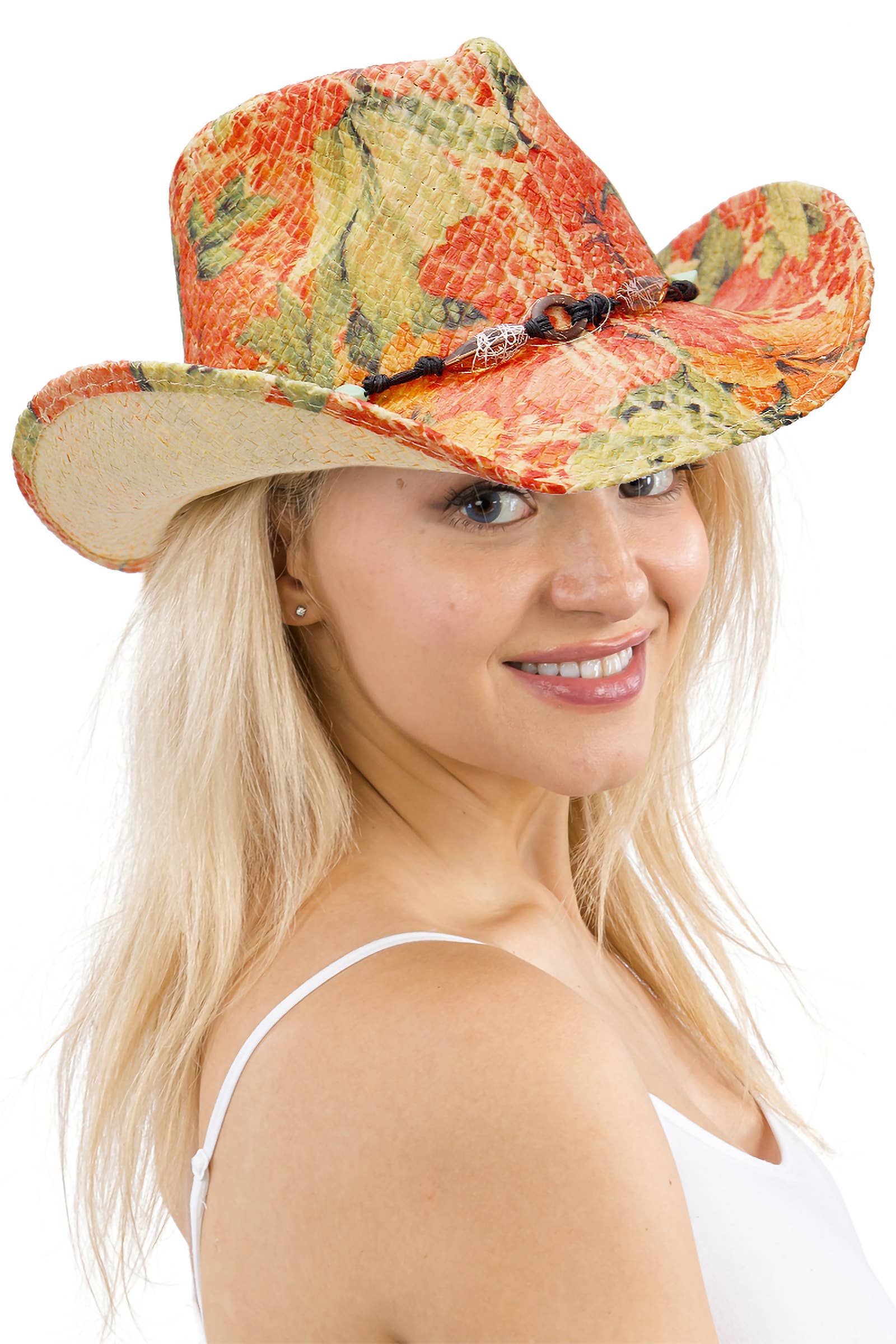 Cap Zone - Wholesale Cowboy Hat - Women's - Floral Print Raffia Paper Straw Cowboy Hat5