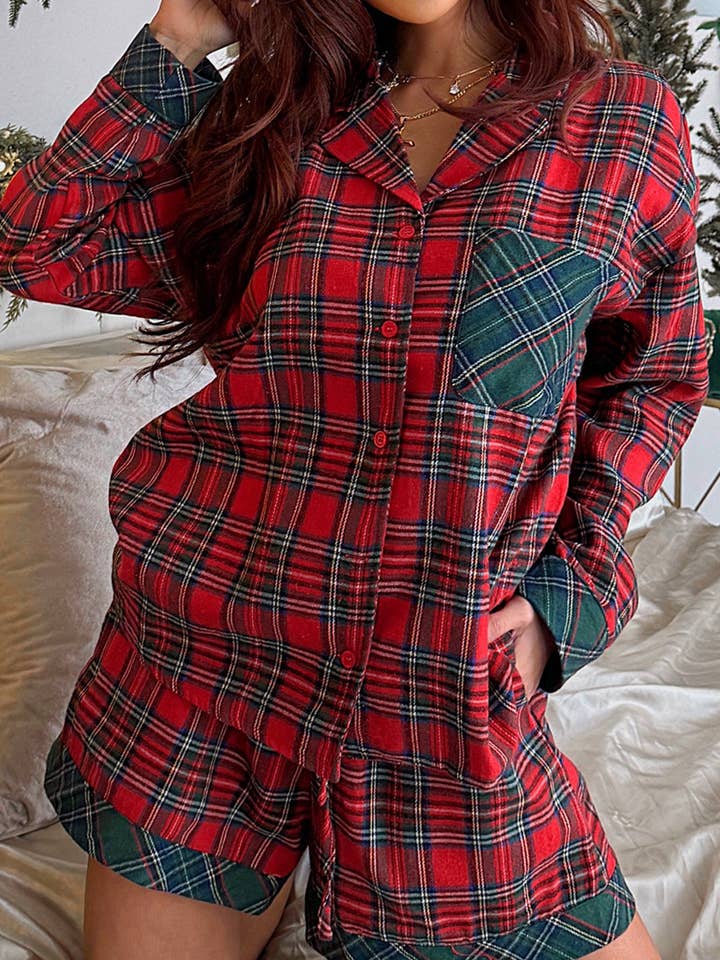Wholesale Red Plaid Christmas Pajama Set – Long Sleeve Shorts