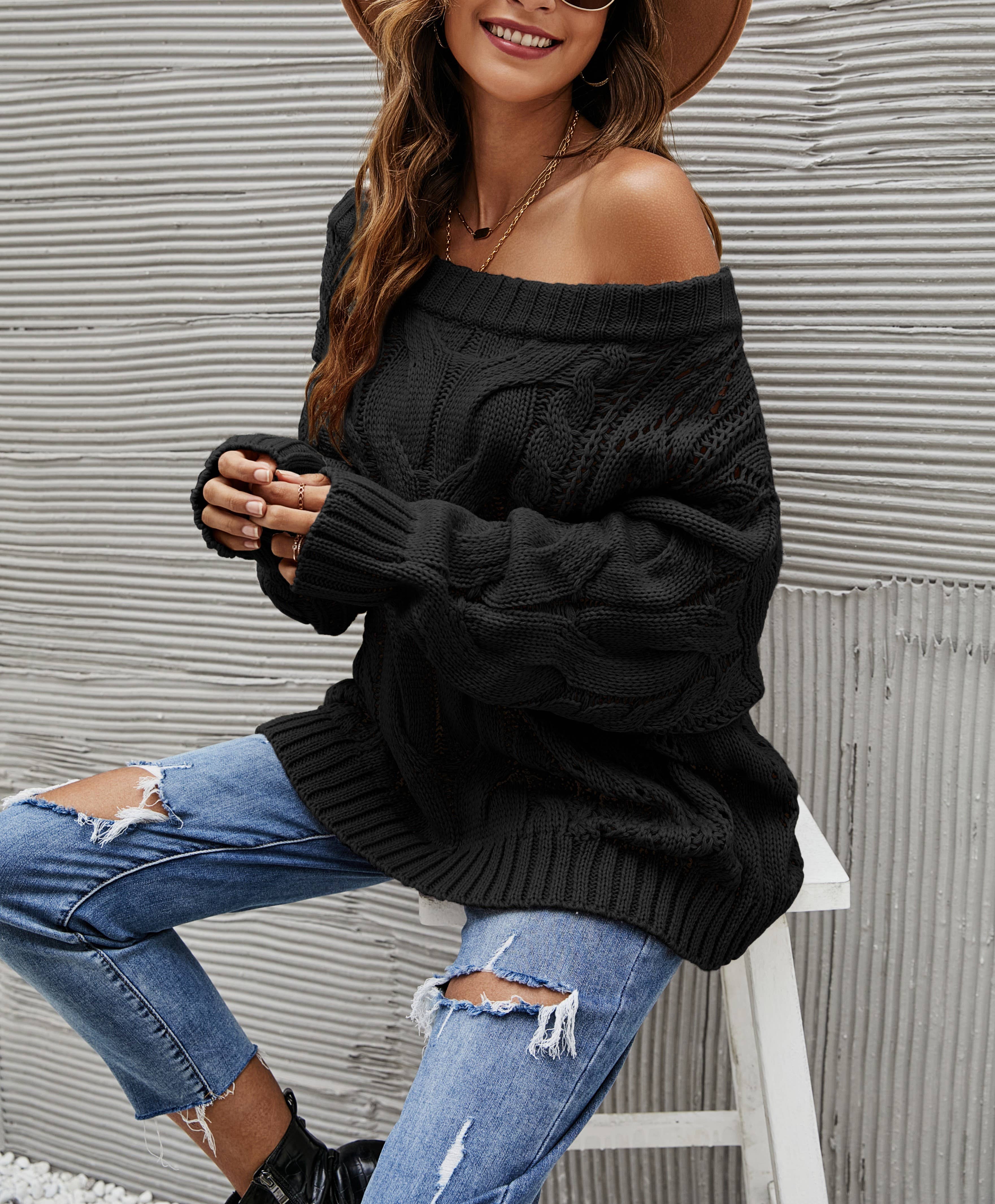 Rosa Clothing - Wholesale Tunic Sweater - Women's - Straight-Neck Off-The-Shoulder Pullover Sweater11