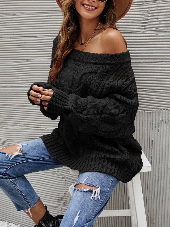 Rosa Clothing - Wholesale Tunic Sweater - Women's - Straight-Neck Off-The-Shoulder Pullover Sweater11