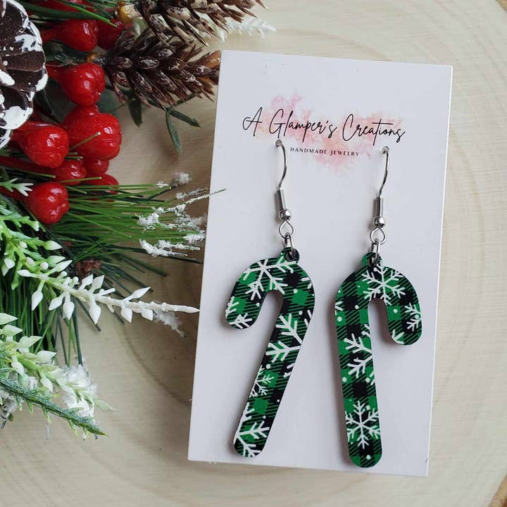 Green & Black Plaid Wooden Christmas Candy Cane Earrings for wholesale by A Glamper's Creations LLC