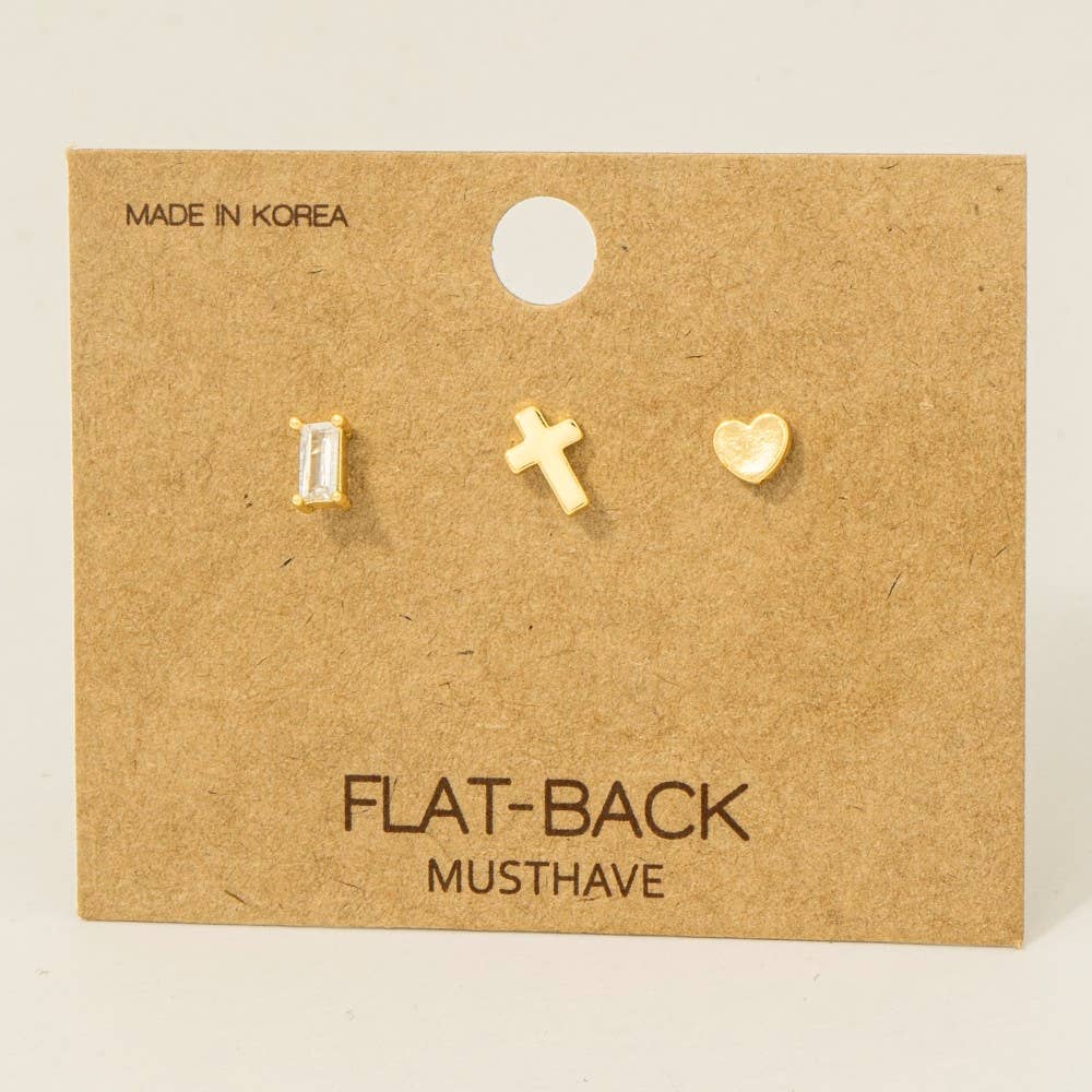 Fame Accessories - Wholesale Stud/Post Earrings - Gold Dipped Cz Heart And Cross 3Pc Flat Back Stud Earrings Set1