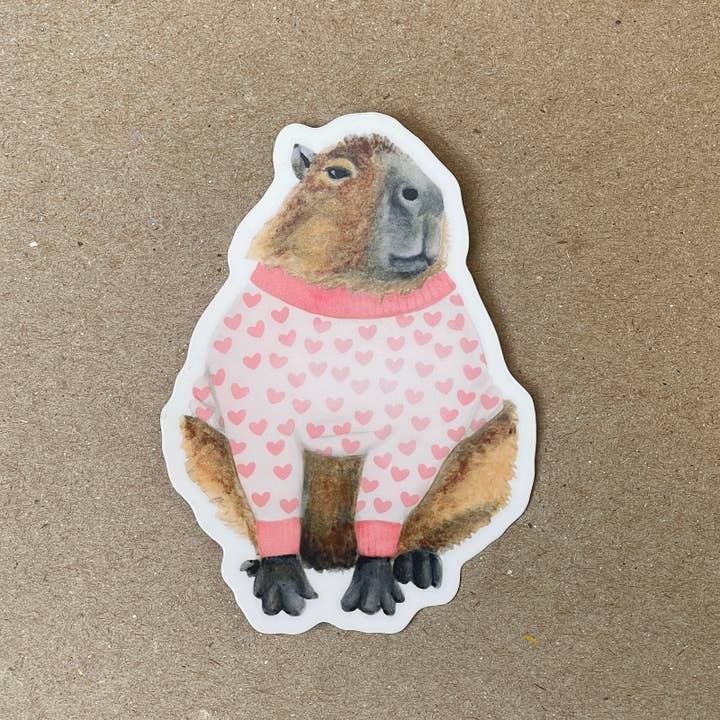 Capybara en pull cœur - Autocollant VINYLE pour la vente par Amy Rose Moore Illustration