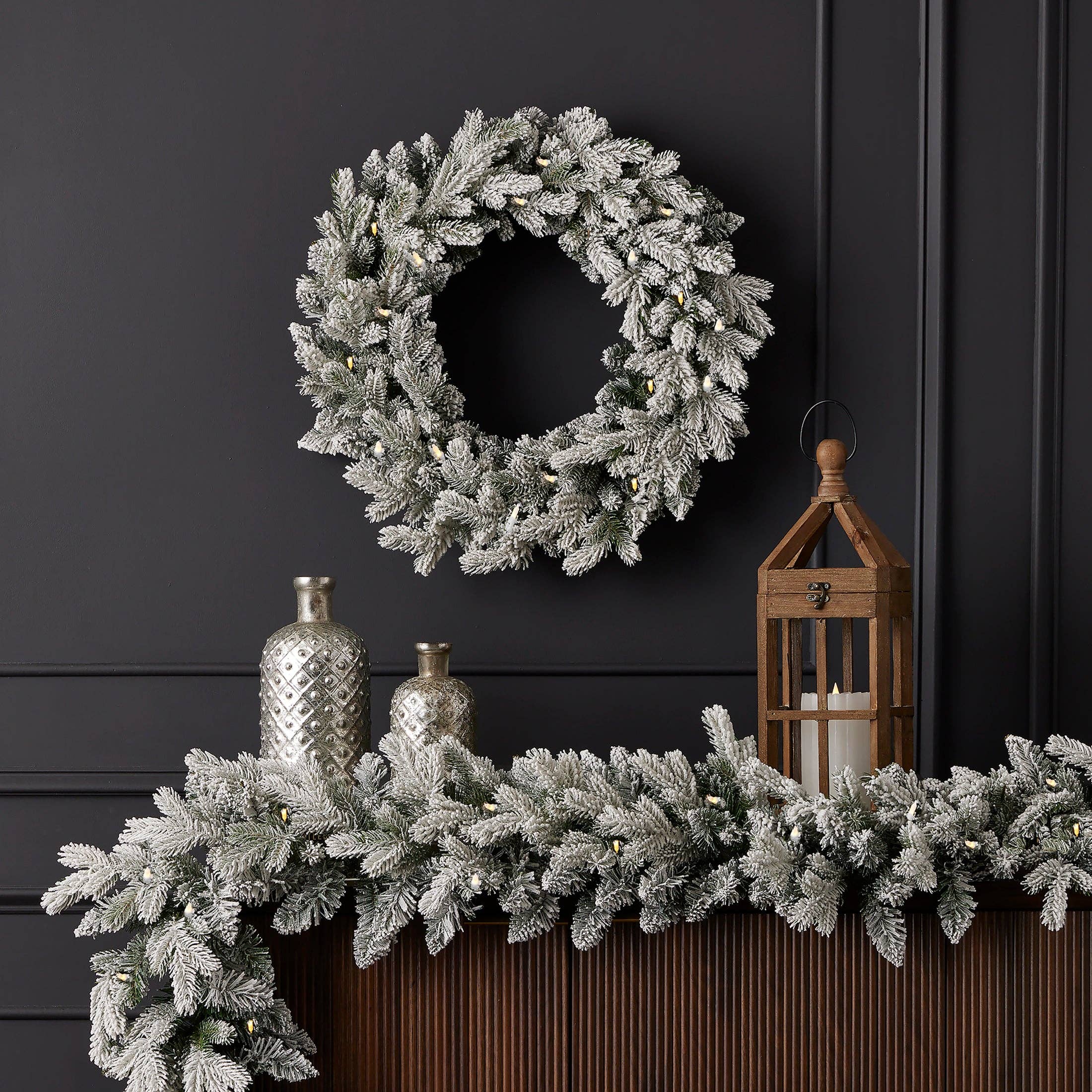 Seasonal LLC - Wholesale Bunting/Garland - Shadow Woods Flocked Spruce 9ft Pre-lit Garland (plug in)2