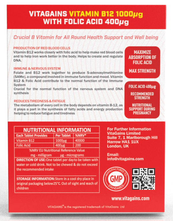 VitaGains – Suplemento/vitamina oral por atacado – VitaGains Vitamina B12 1000µg com Ácido Fólico 400µg2