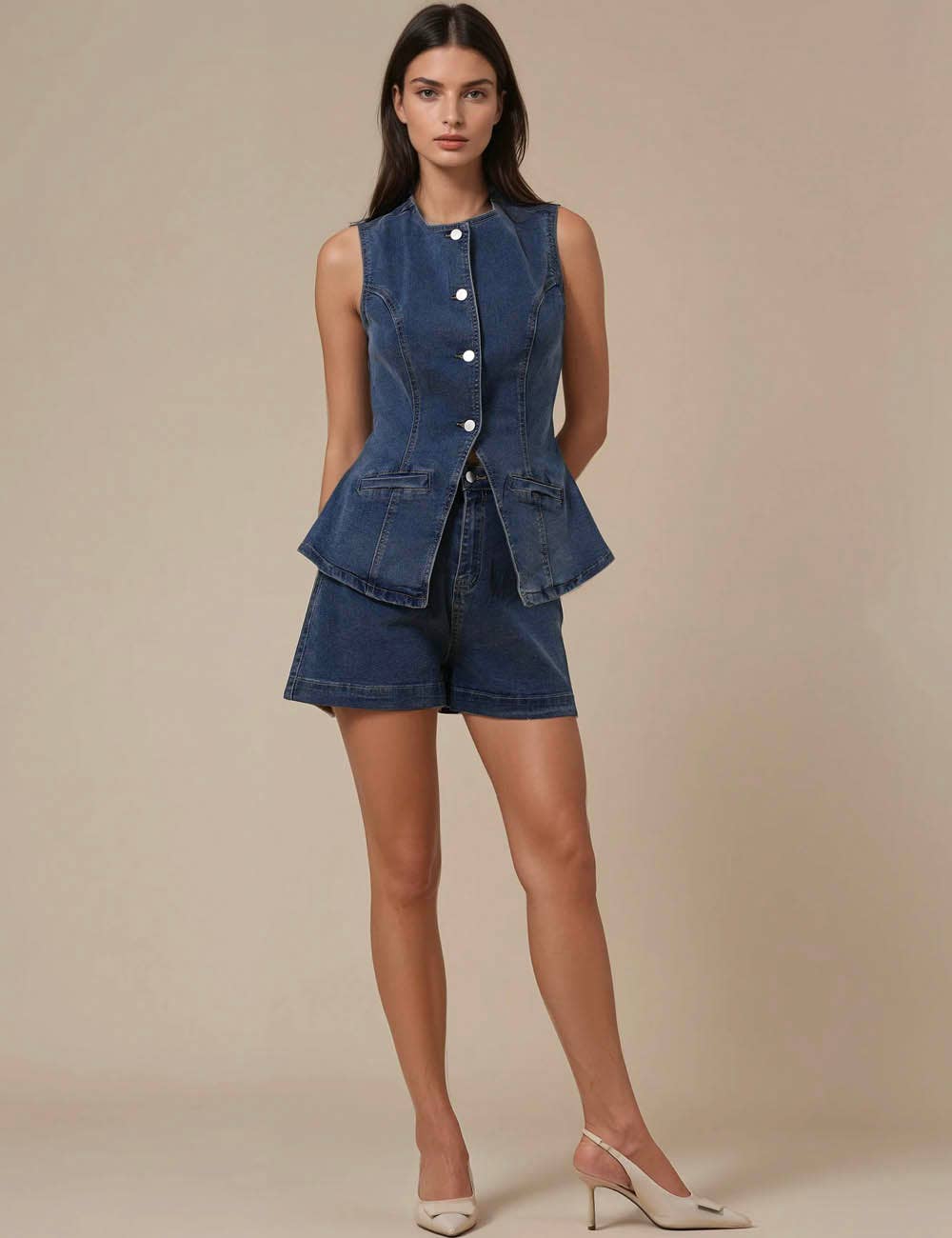 Sweetkama – wholesale Set med topp och shorts – Dam – Damset med ärmlös jeanslinne och shorts9