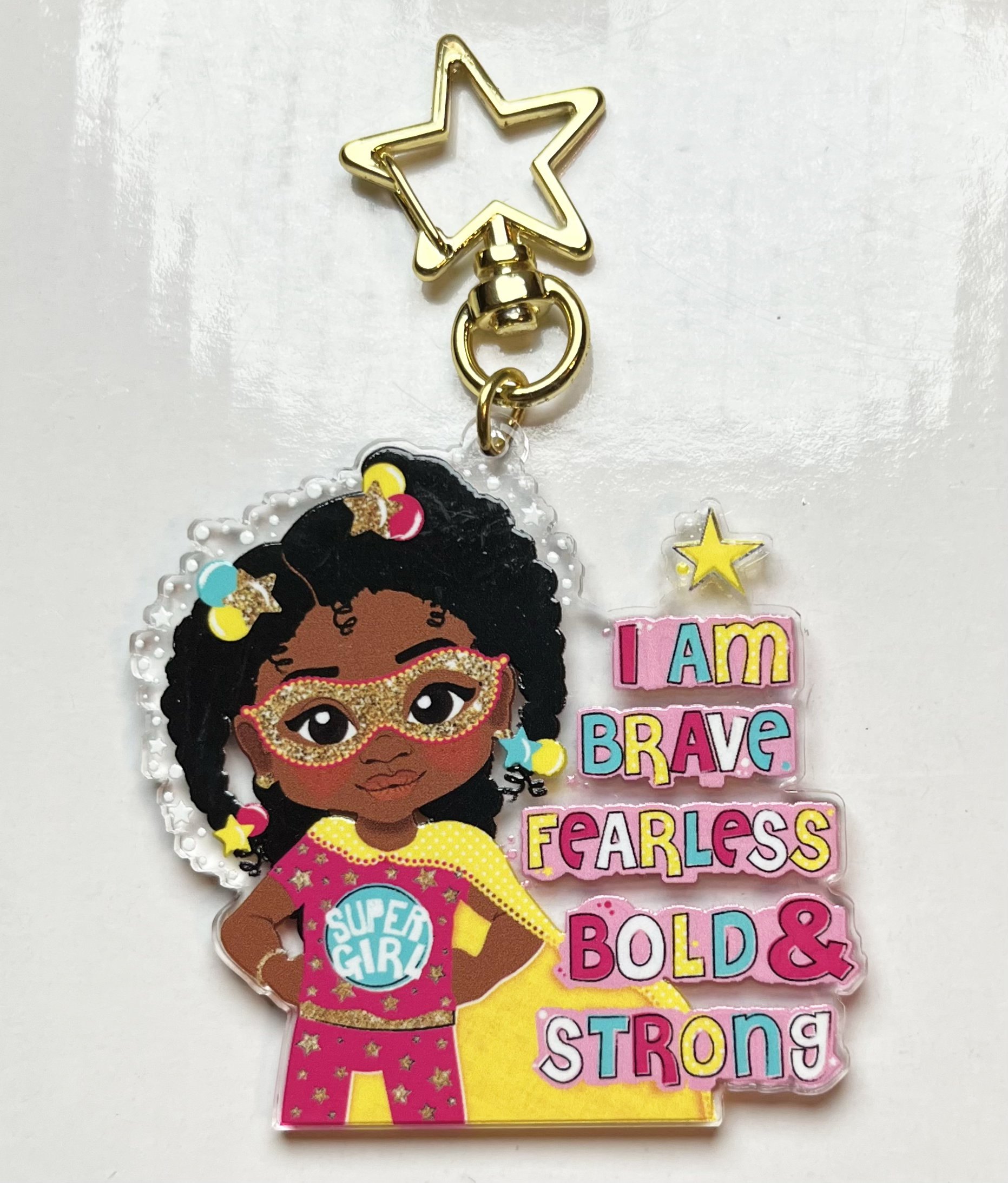 Fefus Designs - Wholesale Keychain - Kids - Black Girl Superhero Keyring – Empowering Recycled Acrylic Bag Charm for Kids | Afro Girl Keychain by Fefus Designs5
