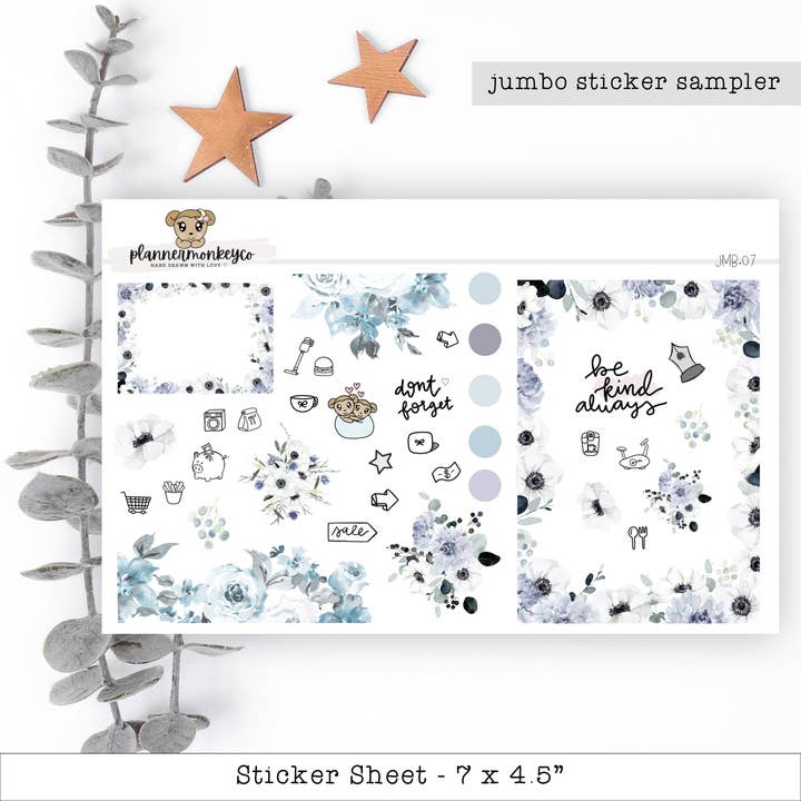 Feuille d'autocollants géante d'hiver florale + essentiels pour la vente par Plannermonkeyco