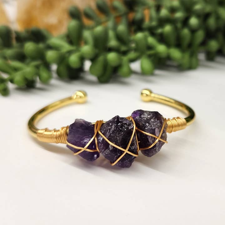 Amethyst 3 Rough Gemstones Wire Wrapped Bangle Bracelet for wholesale by Meraki Gemstones