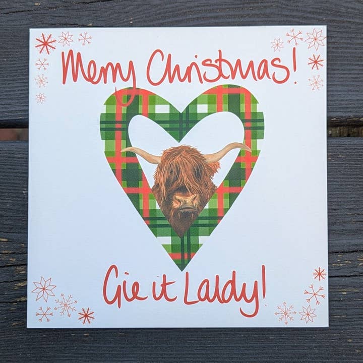 Christmas Card - Gie it Laldy - Highland Cow for wholesale by F and B Cards