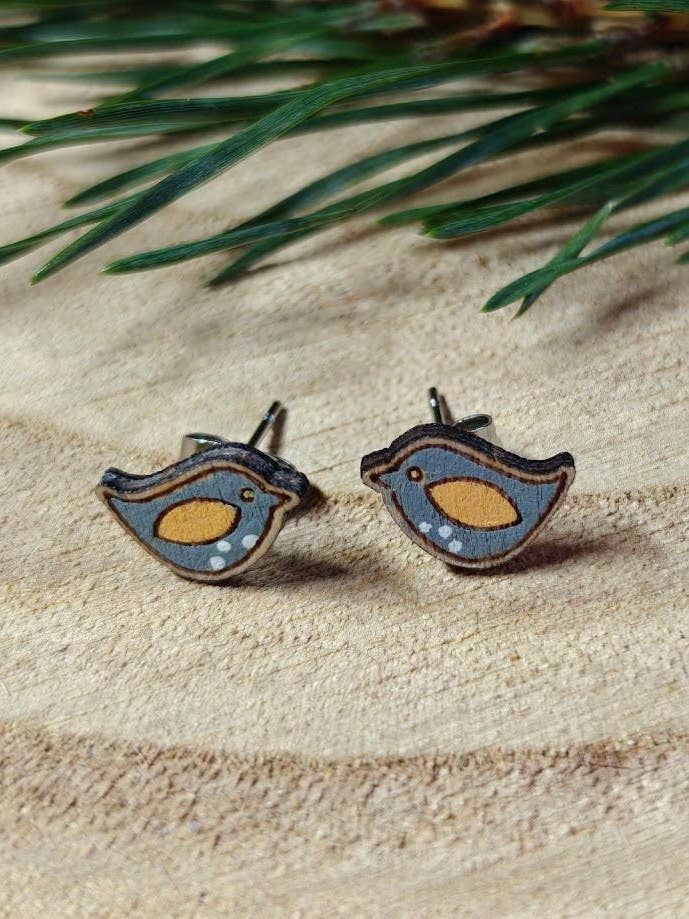 Handmade Birch Folk Bird Earrings grey and mustard for wholesale by Hyggestyle