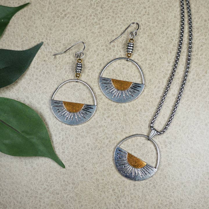 Rustic Gold and Silver Fun Half Sun Ray Ethnic Design Boho Hoop Statement Earrings, Necklace or Necklace and Earring Set- Nickel Free for wholesale by Jewelry by Dawn