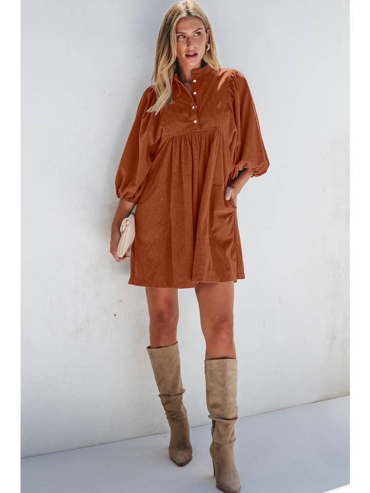 PRETTY BASH - Wholesale Dress - Women's - Solid Corduroy 3/4 Sleeve Snap Button Dress11