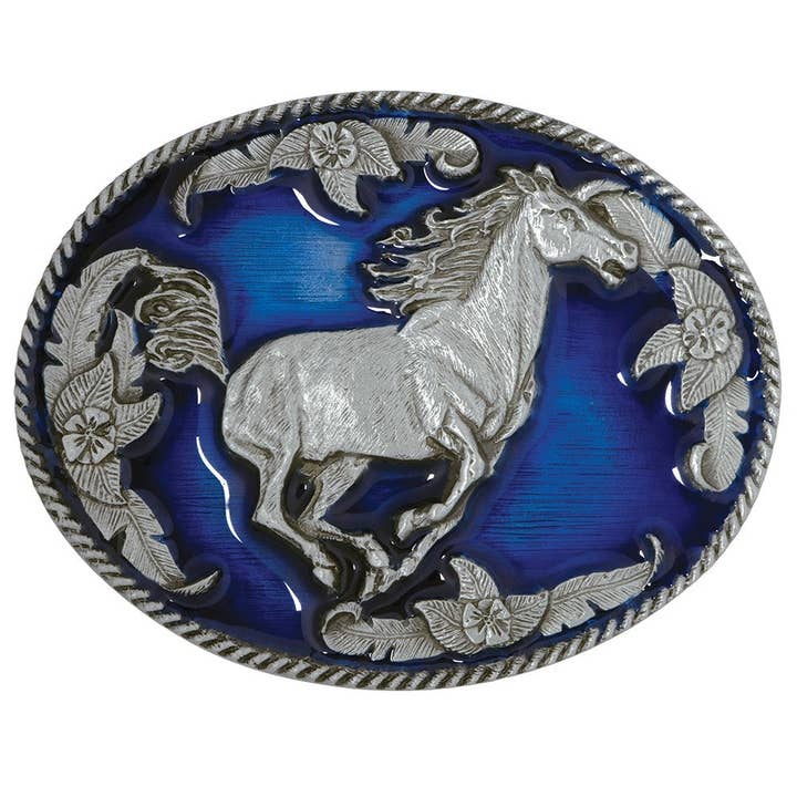 USA-Made Galloping Horse Enamel Belt Buckle for wholesale by Western Express