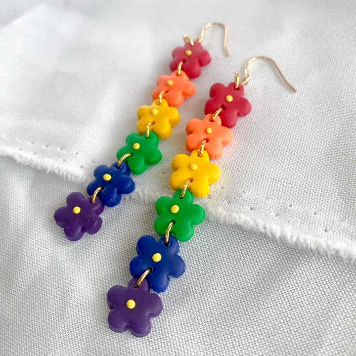 Rainbow Flower Drop Handmade Clay Earrings for wholesale by Peripheral US