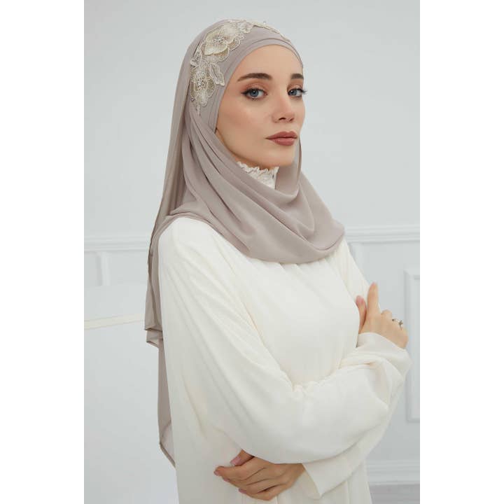 Aisha's Design - Wholesale Hijab – Women’s - Luxury Instant Chiffon Hijab with Floral Lace, Ready-to-Wear Chiffon Hijab with Embroidered Flowers,CPS-10159