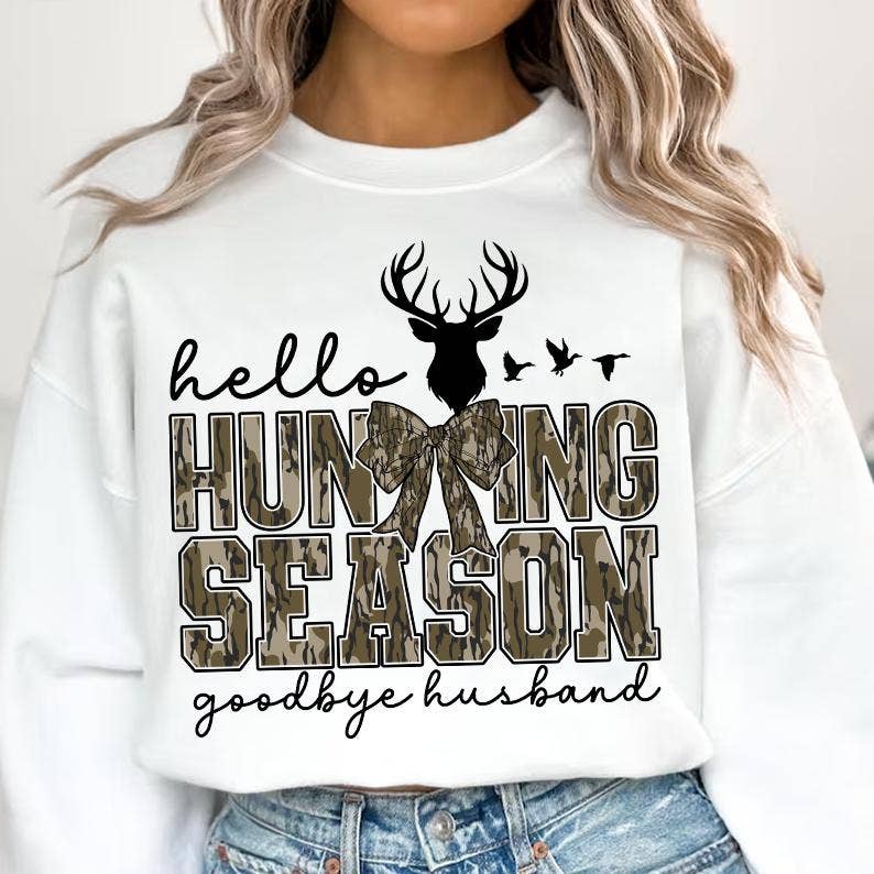NVC Ecommerce LLC - Wholesale T-Shirt (Graphic) - Women's - Hello Hunting Season Goodbye Husband Shirt, Bow Sweatshirt1